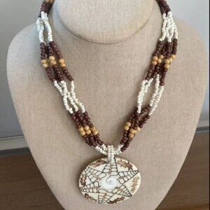 Vintage Boho Beaded Necklace with Shell Pendant